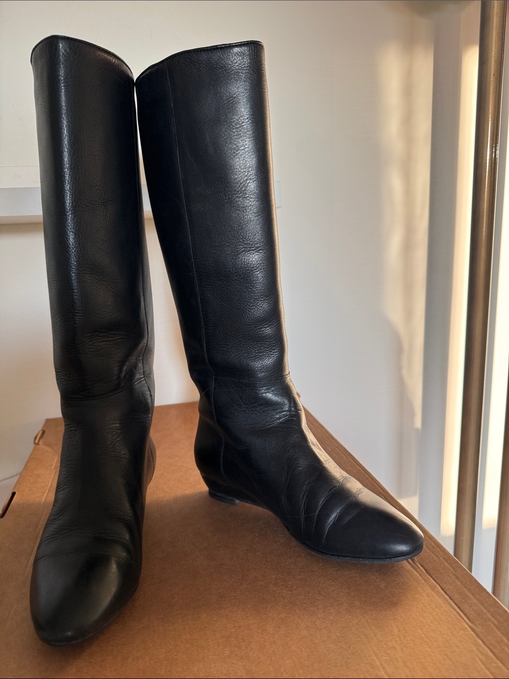 Loeffler Randall Black Leather Knee-High Pointed Toe Boots